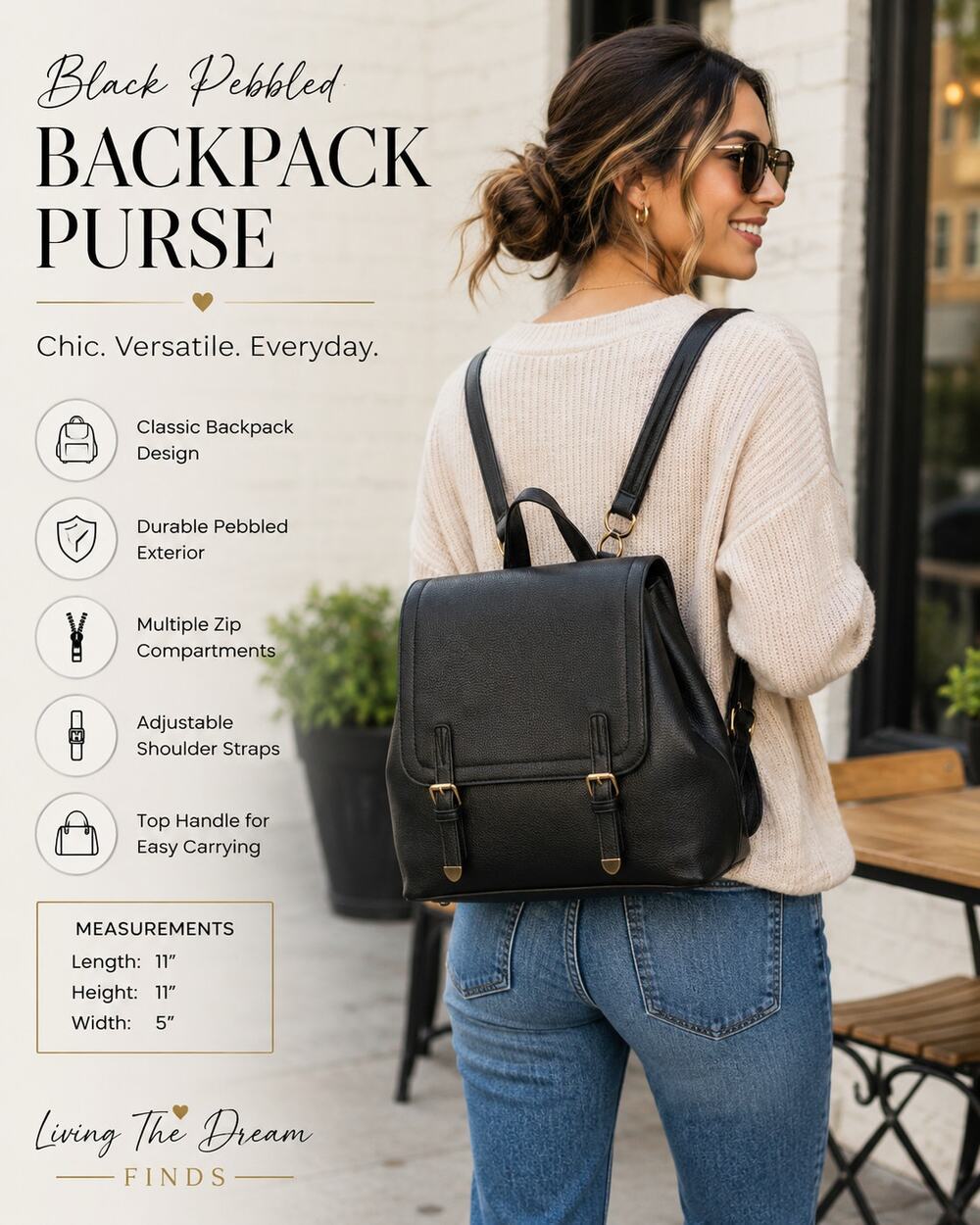 Black Pebbled Backpack Purse Gold Tone Hardware Striped Interior 11x11